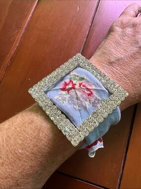 Rhinestone Square Scarf Bracelet with Floral Vintage Hankie